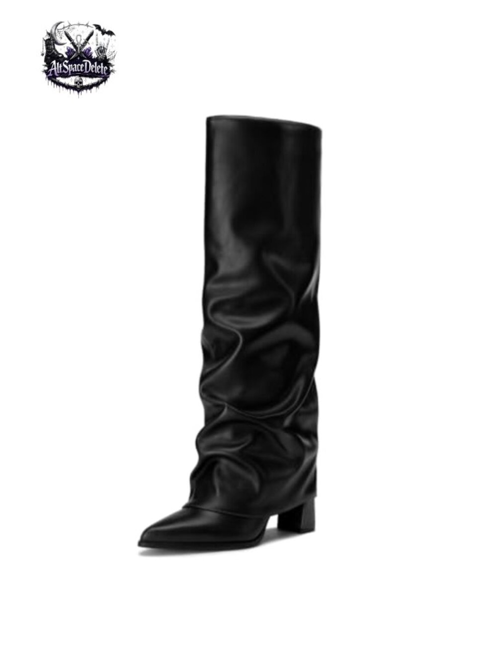 Knee High Boots Chunky Heel Fold Over Faux Leather Pointed Toe
